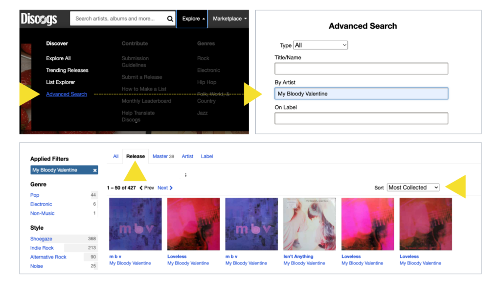Filter by Advanced Search, Artist, and Most Collected Release
