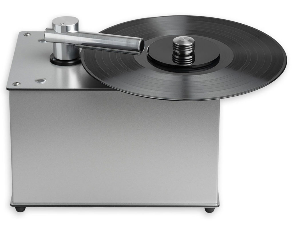Pro-Ject VC-E record cleaning system on display with black vinyl record loaded