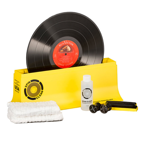 Spin Clean record cleaning system on display with black vinyl record loaded