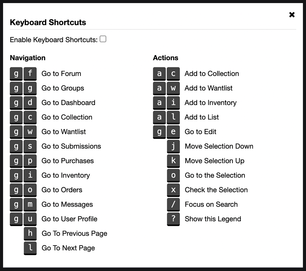 Screenshot of the keyboard shortcuts popup that will appear when you select keyboard shortcuts in the Discogs footer
