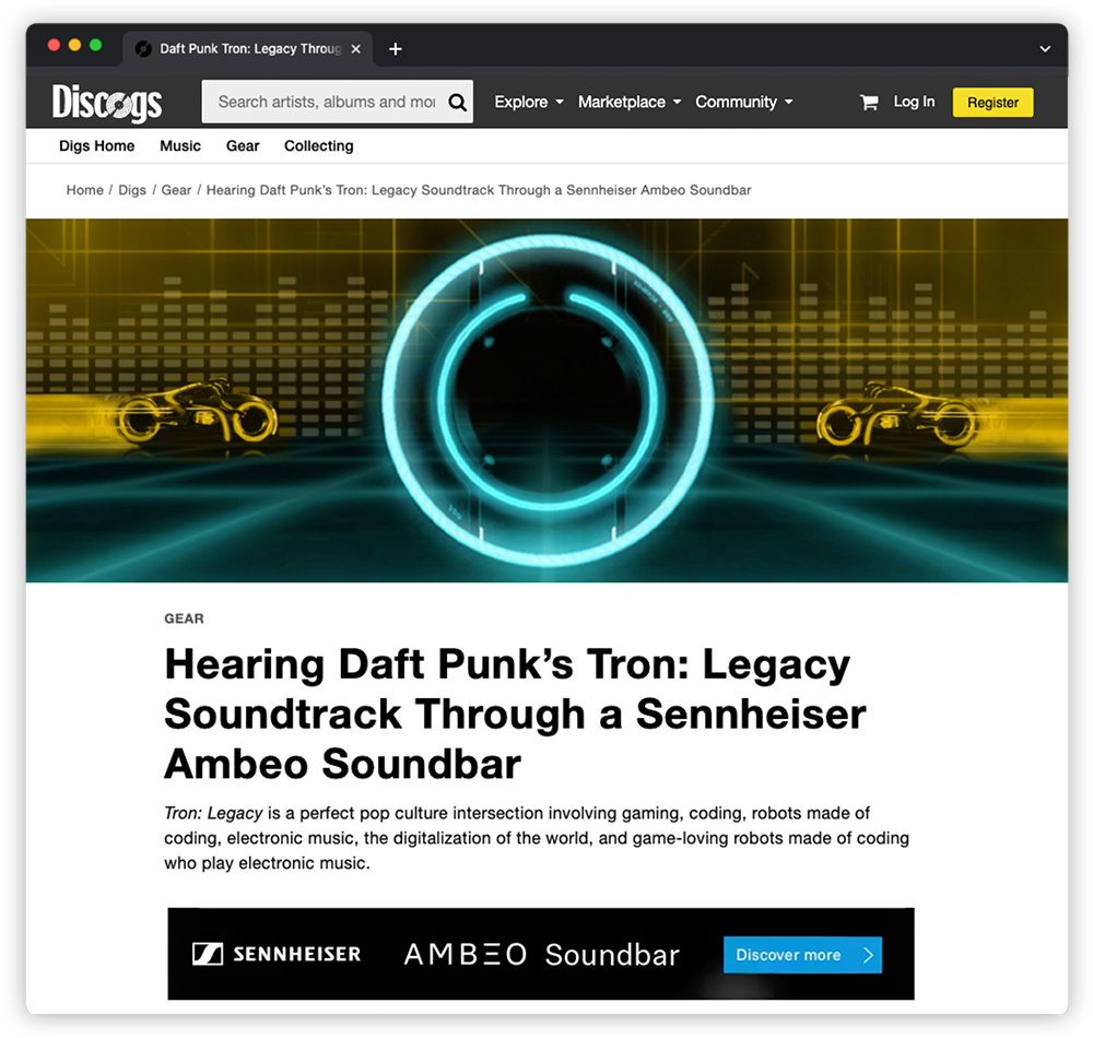 A desktop screenshot of an article featuring Discogs Sponsored Content opportunities. The Article title reads "Hearing Daft Punk's Trong" Legacy Soundtrack Through a Sennheiser Ambeo Soundbar