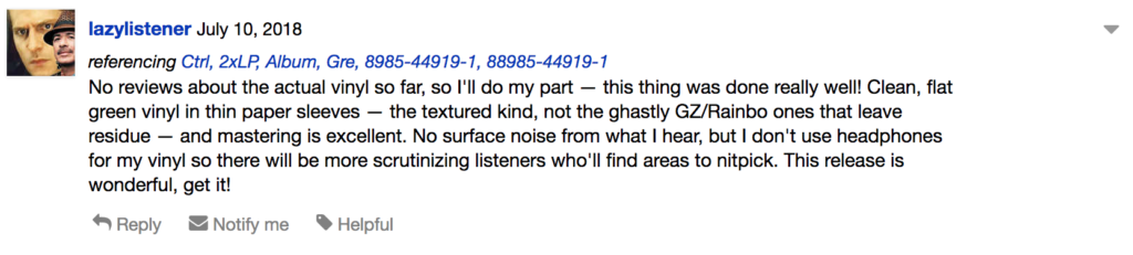 Discogs user Review of a colored vinyl describing the release and that the playback as clean