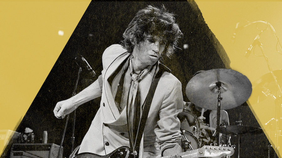 stylized photo of keith richards with various stage elements in the background
