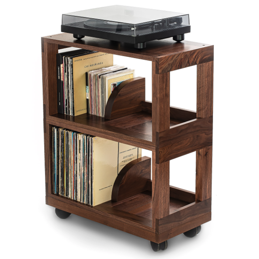 A rolling wooden shelf with 2 tiers holding a turntable.