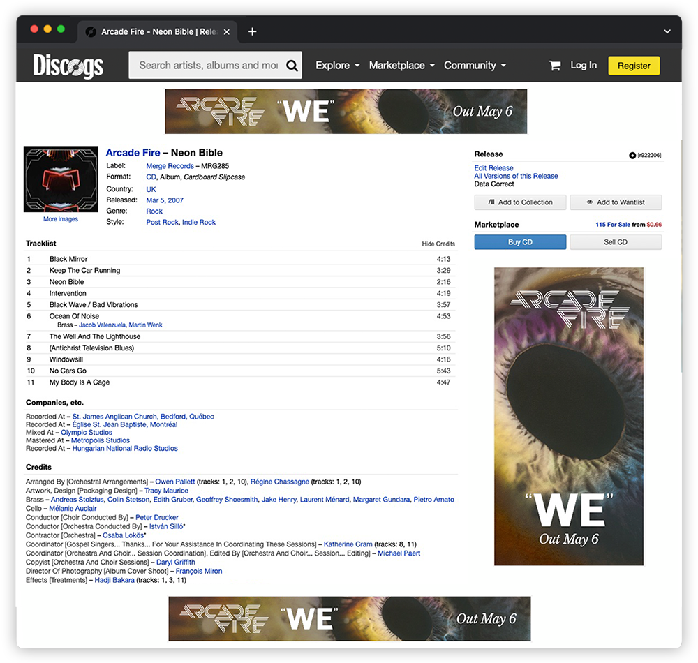 Example of Display ads on the release page for Neon Bible by Arcade Fire