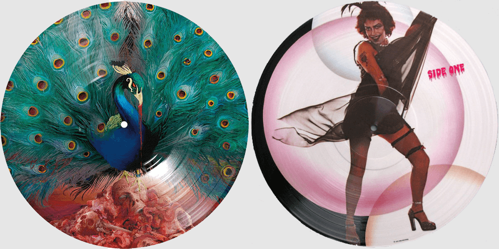 two examples of picture discs.  One in an illustration of a peacock and the other a character from rocky horror picture show