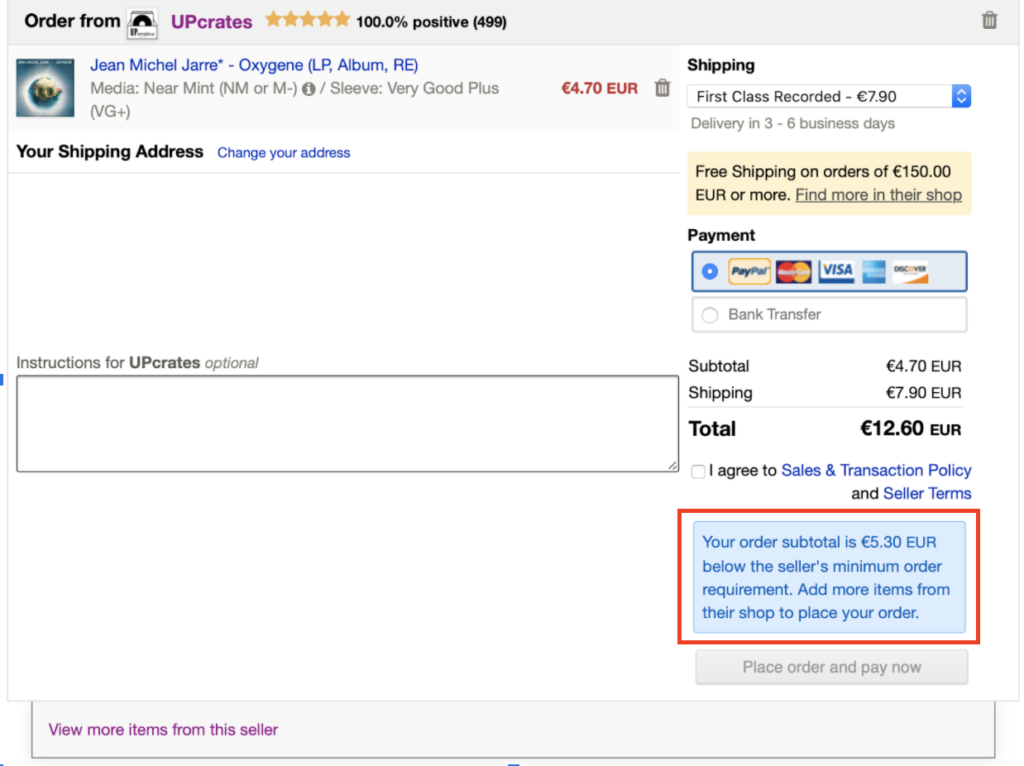 Screenshot of minimum order requirement messages that appears to buyers during checkout