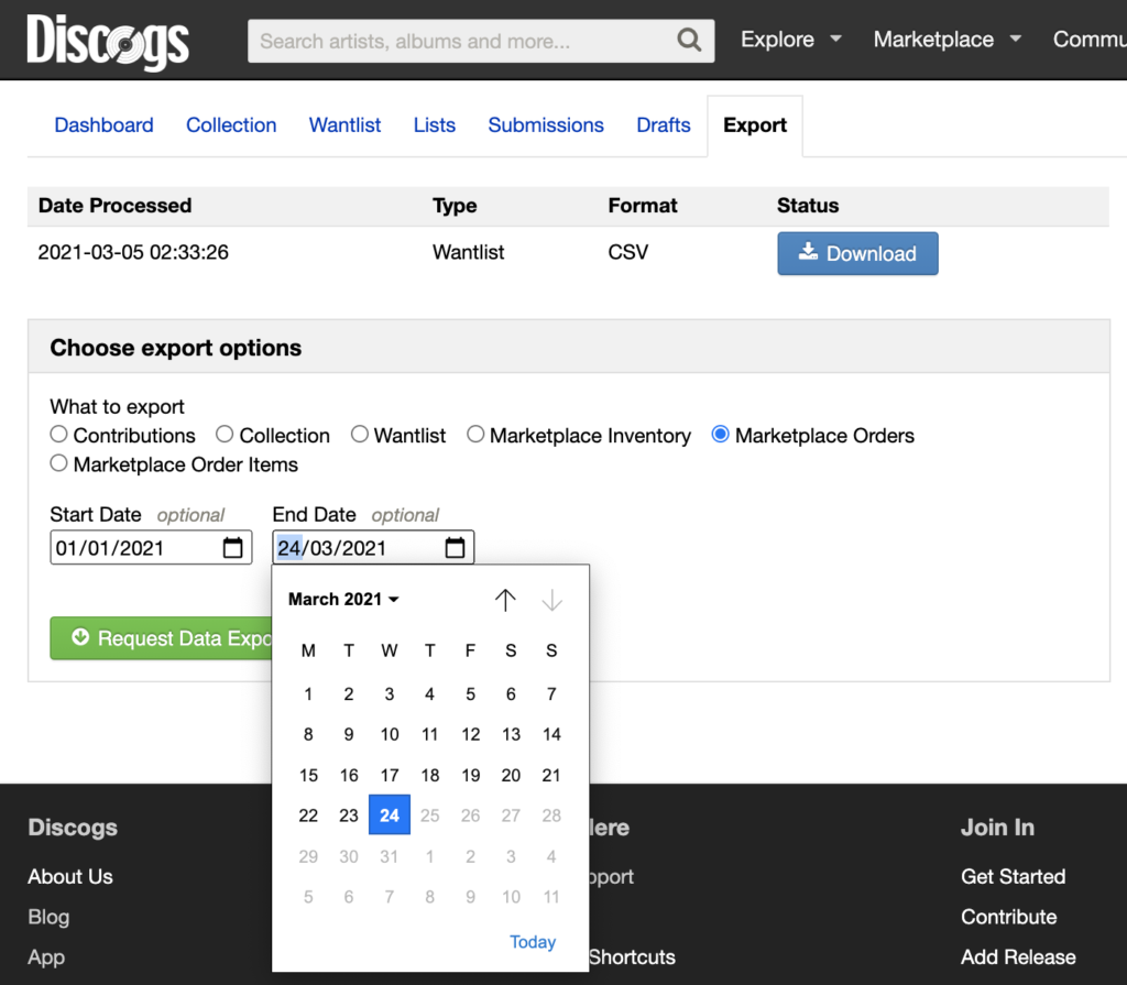 Screenshot of the export tool within the Discogs seller dashboard highlighting the date range field