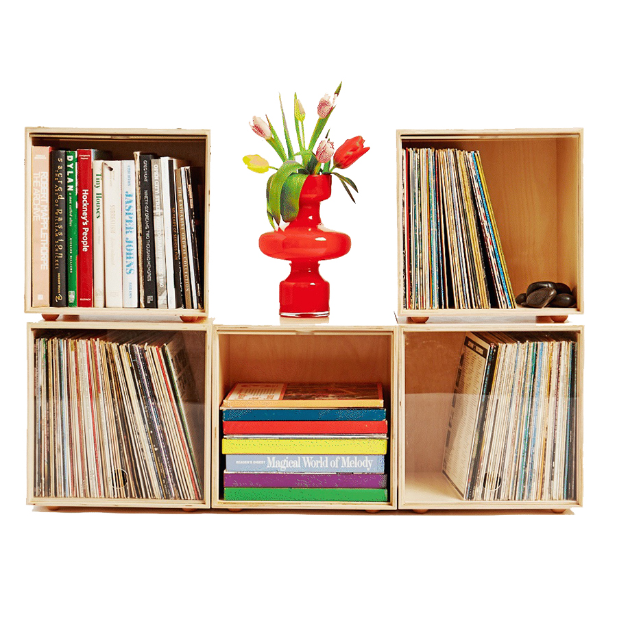 Vinyl record storage for your living room. A set of 12" wooden cubes holding a collection of records. 
