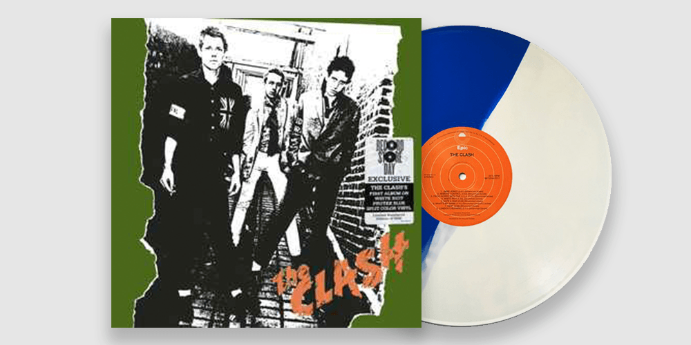 The Clash, two colored blue and white vinyl record partially in the album cover