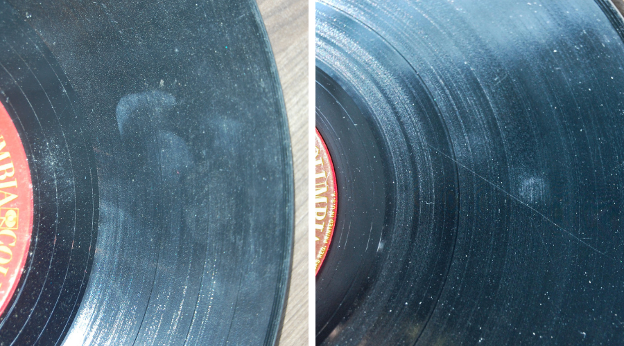comparison of a vinyl record before and after being cleaned with spray cleaner, the left image is very dirty and the right is much cleaner.