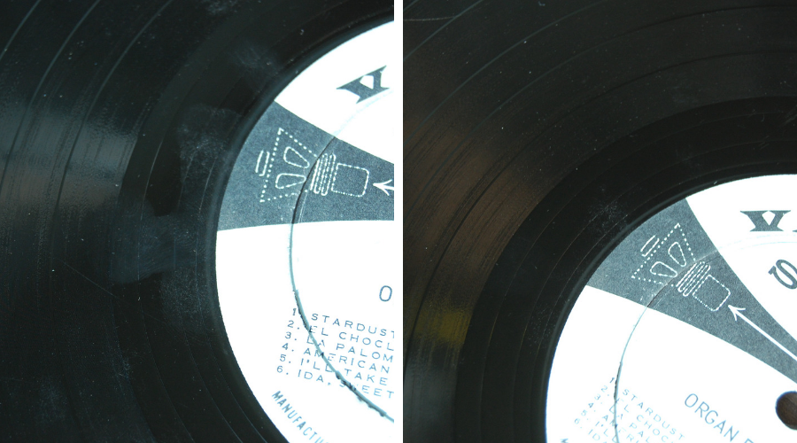 comparison of a vinyl record before and after being cleaned with groovewasher, the left image is dirty and the right is much cleaner.