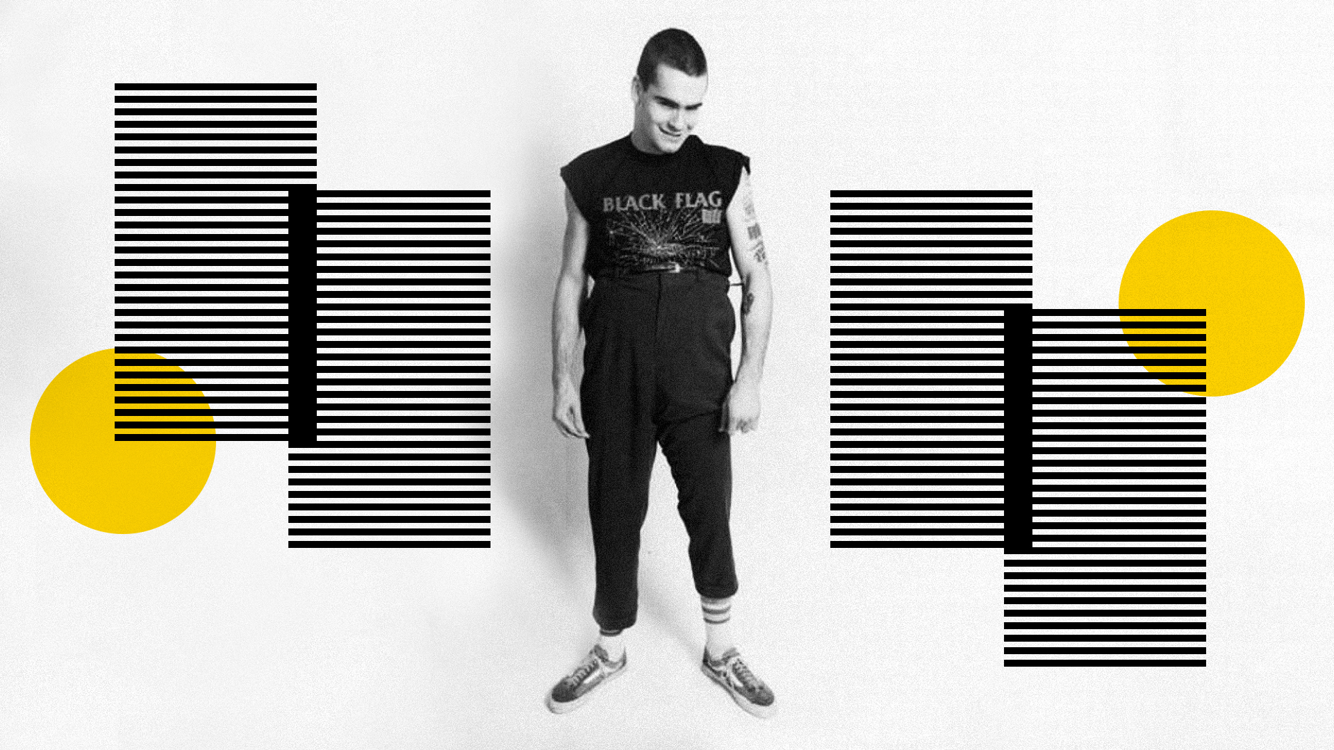 Illustration of young henry rollins on a geometric background
