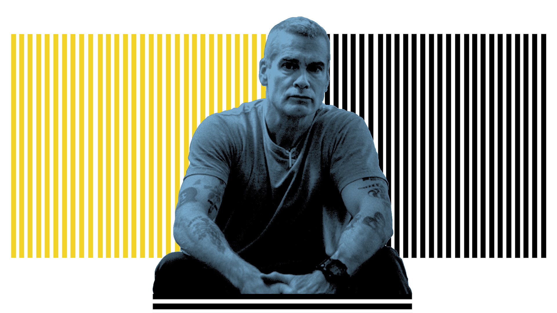 Stylized image of henry rollins on a vertical-striped background