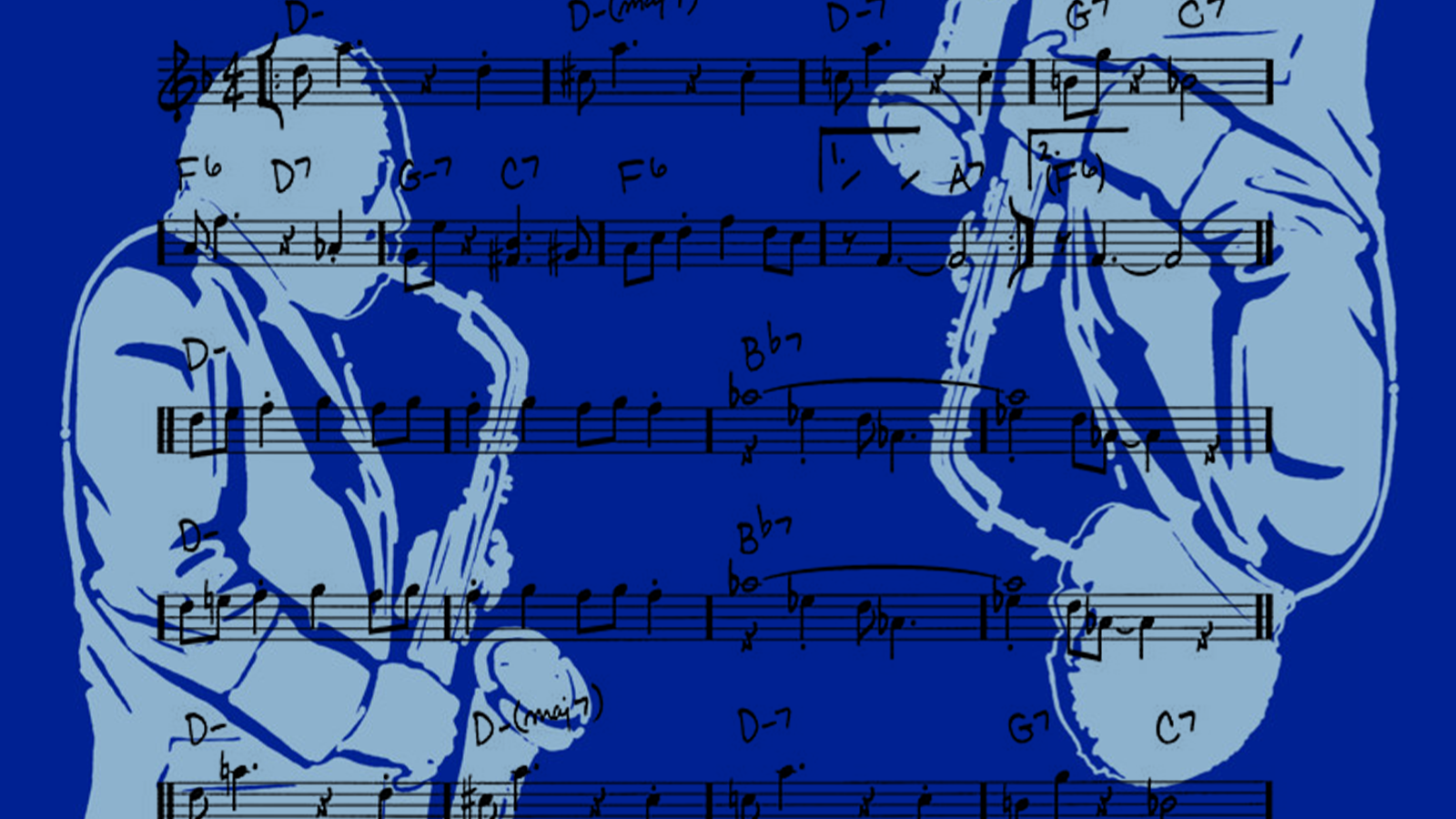 illustration of a person playing the saxophone with lines from sheet music overlay