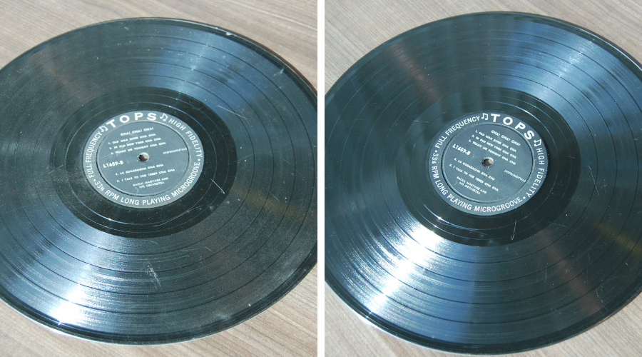 comparison of a vinyl record before and after being cleaned with near mint cleaner, the left image is very dirty and the right is much cleaner with a shine to it.