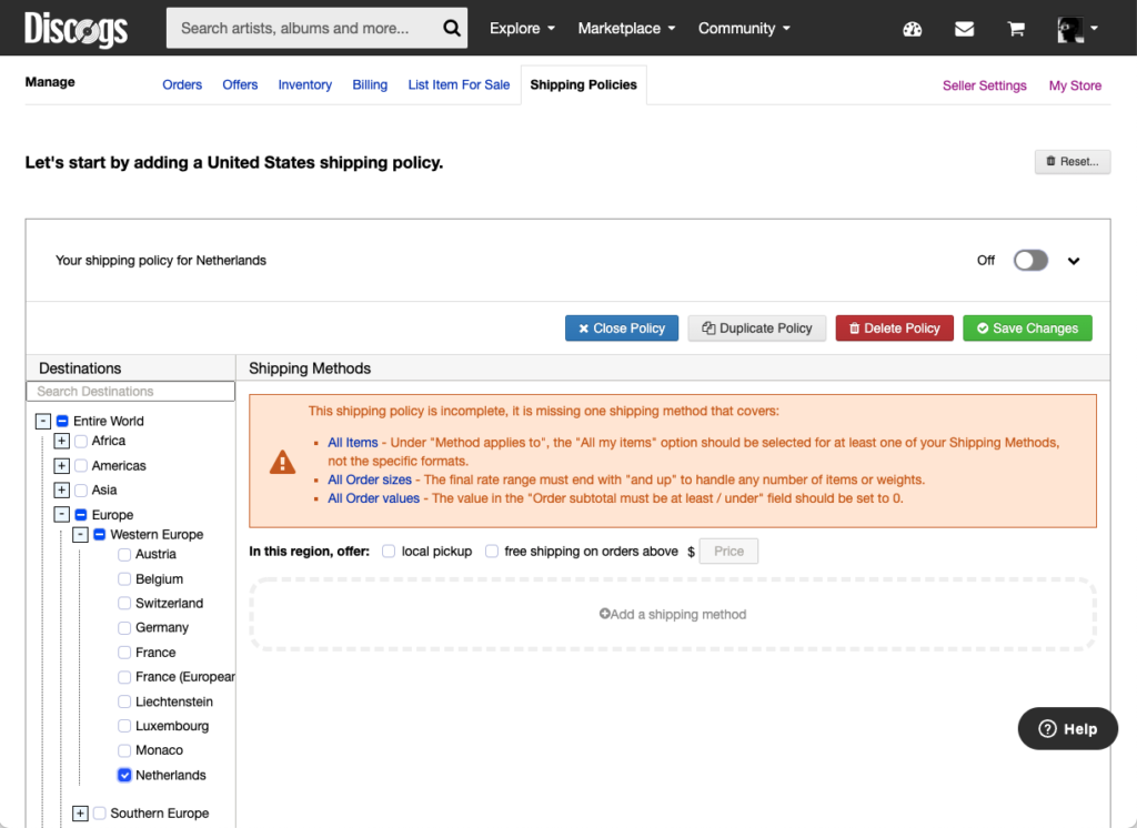 Screenshot of a Discogs seller dashboard showing free shipping options for domestic buyers in the Netherlands