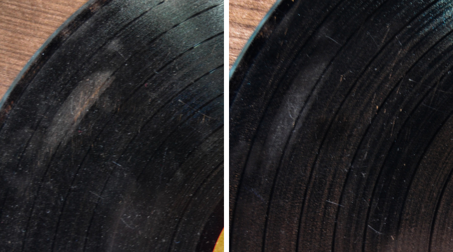 comparison of a vinyl record before and after being cleaned with water, the left image is very dirty and the right is only slightly cleaner.