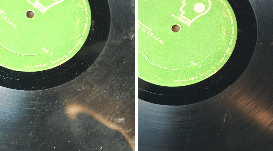 comparison of a vinyl record before and after being cleaned with tergi-kleen, the left image is very dirty and the right is much cleaner.