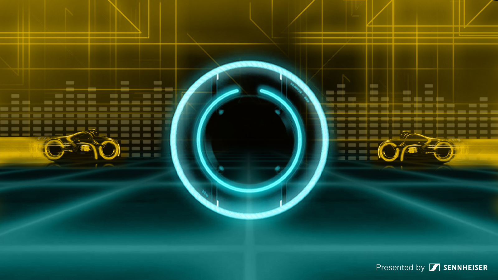 stylized illustration of neon glowing tron legacy elements over graphics representing a stereo equalizer