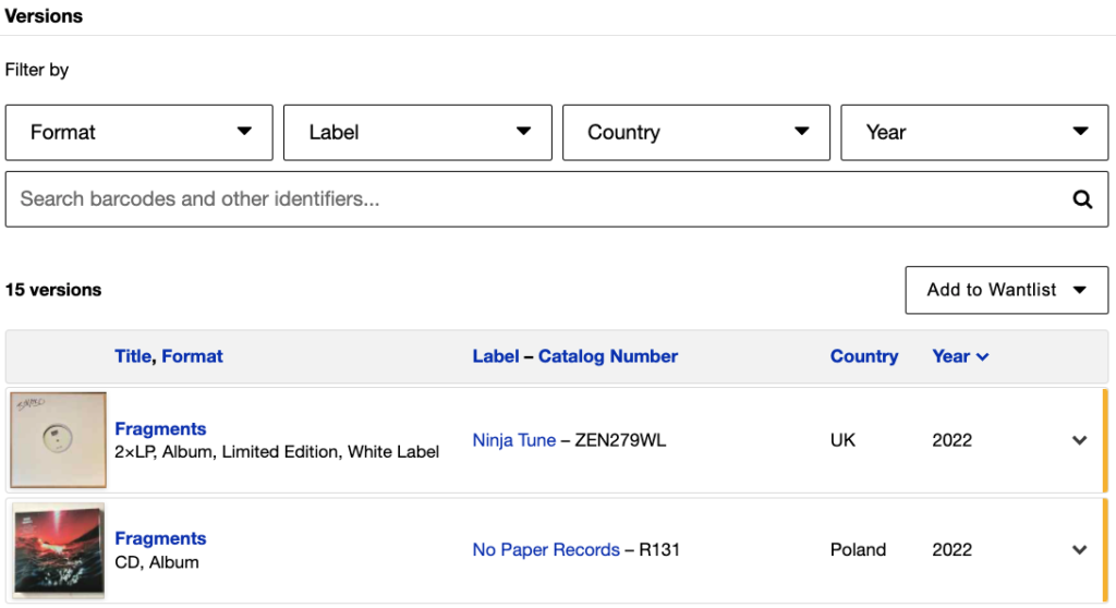Screenshot of the filters available on Discogs new Versions tool on the Master Release page with the Add to Wantlist button