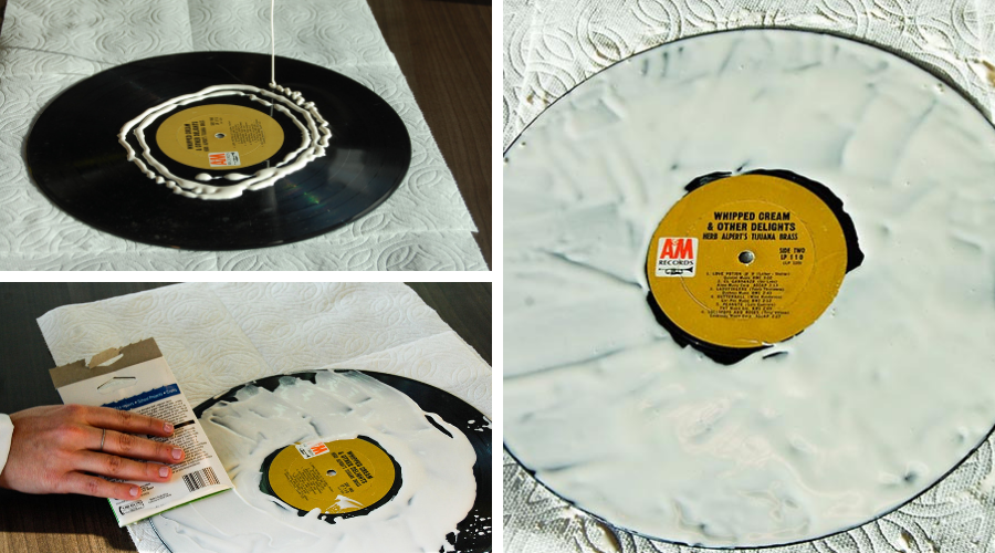 demonstration of wood glue being used as a vinyl record cleaner