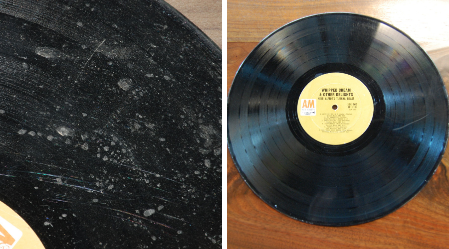 comparison of a vinyl record before and after being cleaned with wood glue, the left image is very dirty and the right is much cleaner.